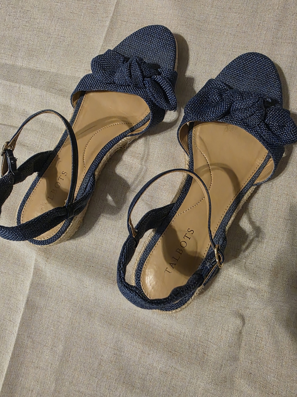 Talbots Navy Braided Knot Espadrille Wedge Sandals with Ankle Strap